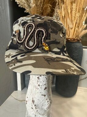 Camo Sequined Beaded Snake Patch Military Cap - Olive, Black, Tan